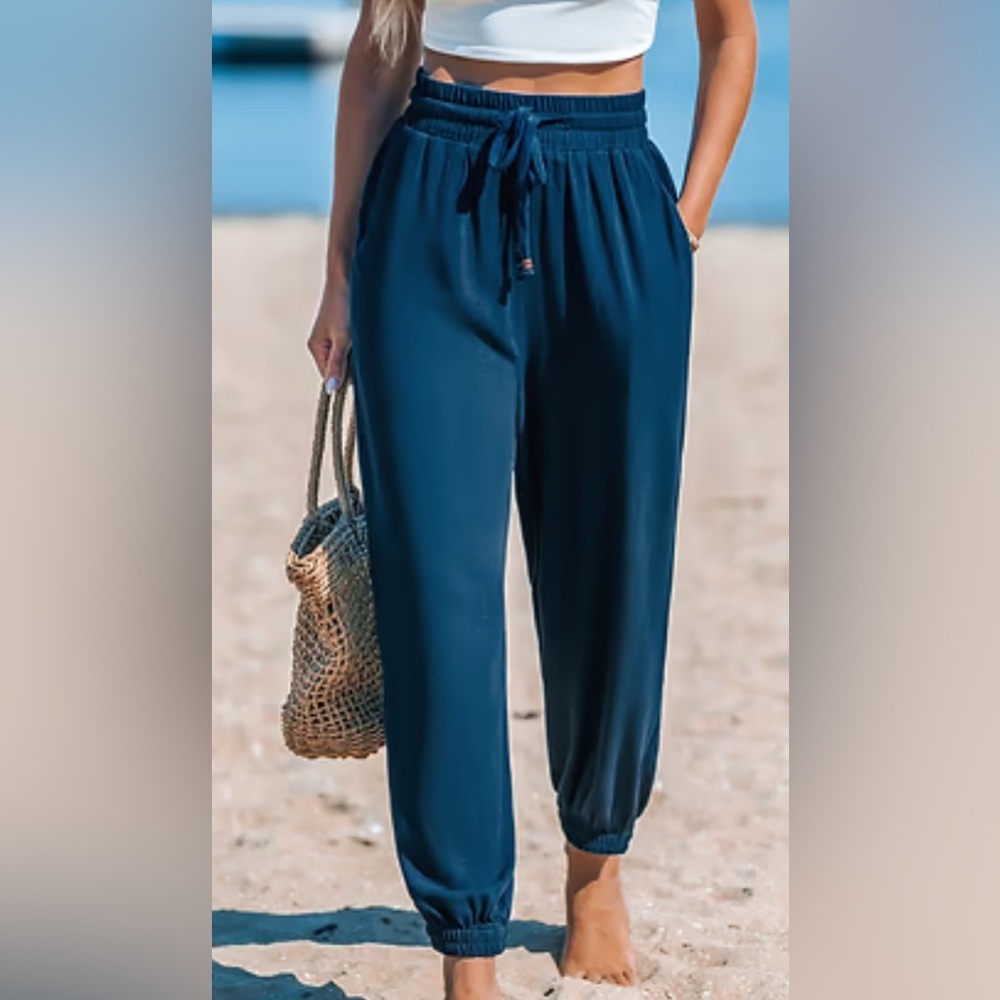 Navy Blue drawstring & elastic waist tapered leg Pants side pockets Small NWT